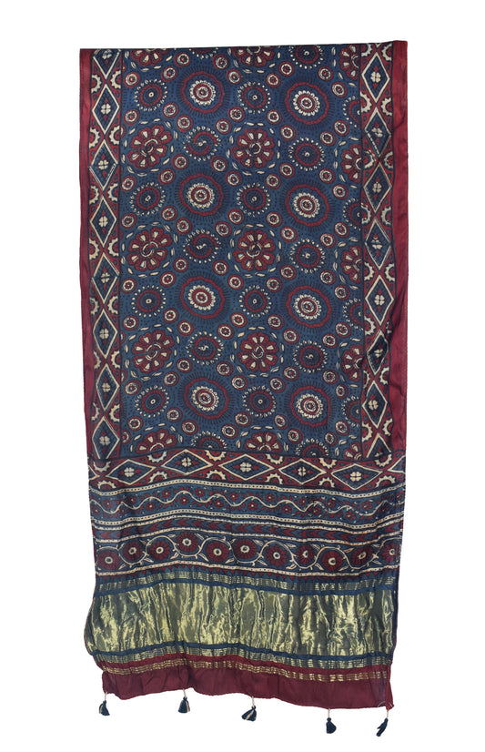 Ajrakh Modal Silk Natural Dye Hand Block Print Stole with Golden Border - with Tassels - 2.6 Mtr Length   -  SKU : MS26501B