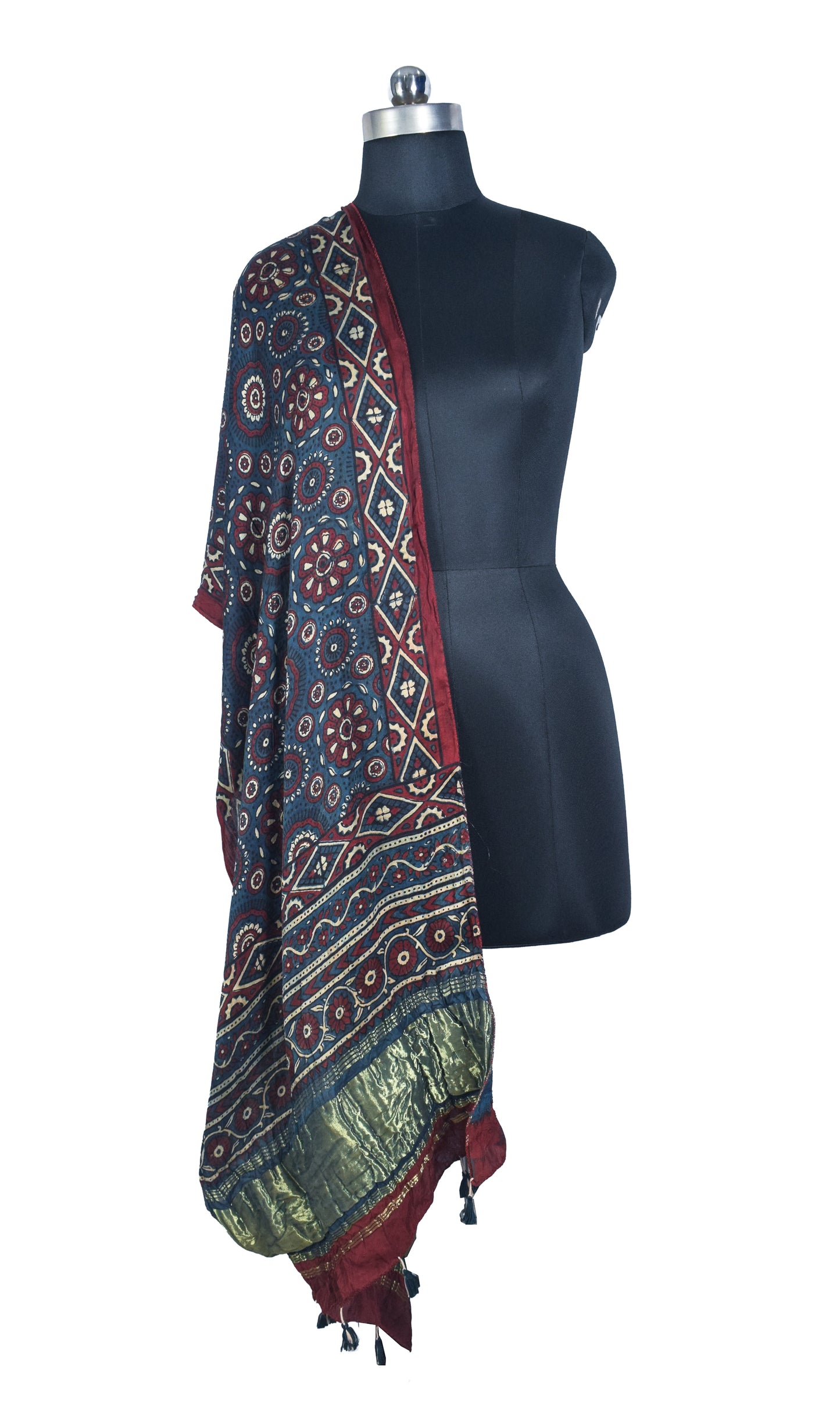 Ajrakh Modal Silk Natural Dye Hand Block Print Stole with Golden Border - with Tassels - 2.6 Mtr Length   -  SKU : MS26501B