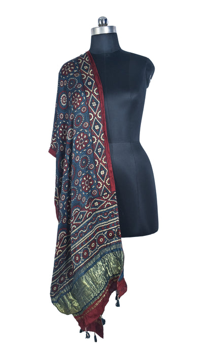Ajrakh Modal Silk Natural Dye Hand Block Print Stole with Golden Border - with Tassels - 2.6 Mtr Length   -  SKU : MS26501B