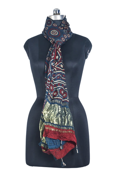 Ajrakh Modal Silk Natural Dye Hand Block Print Stole with Golden Border - with Tassels - 2.6 Mtr Length   -  SKU : MS26501B