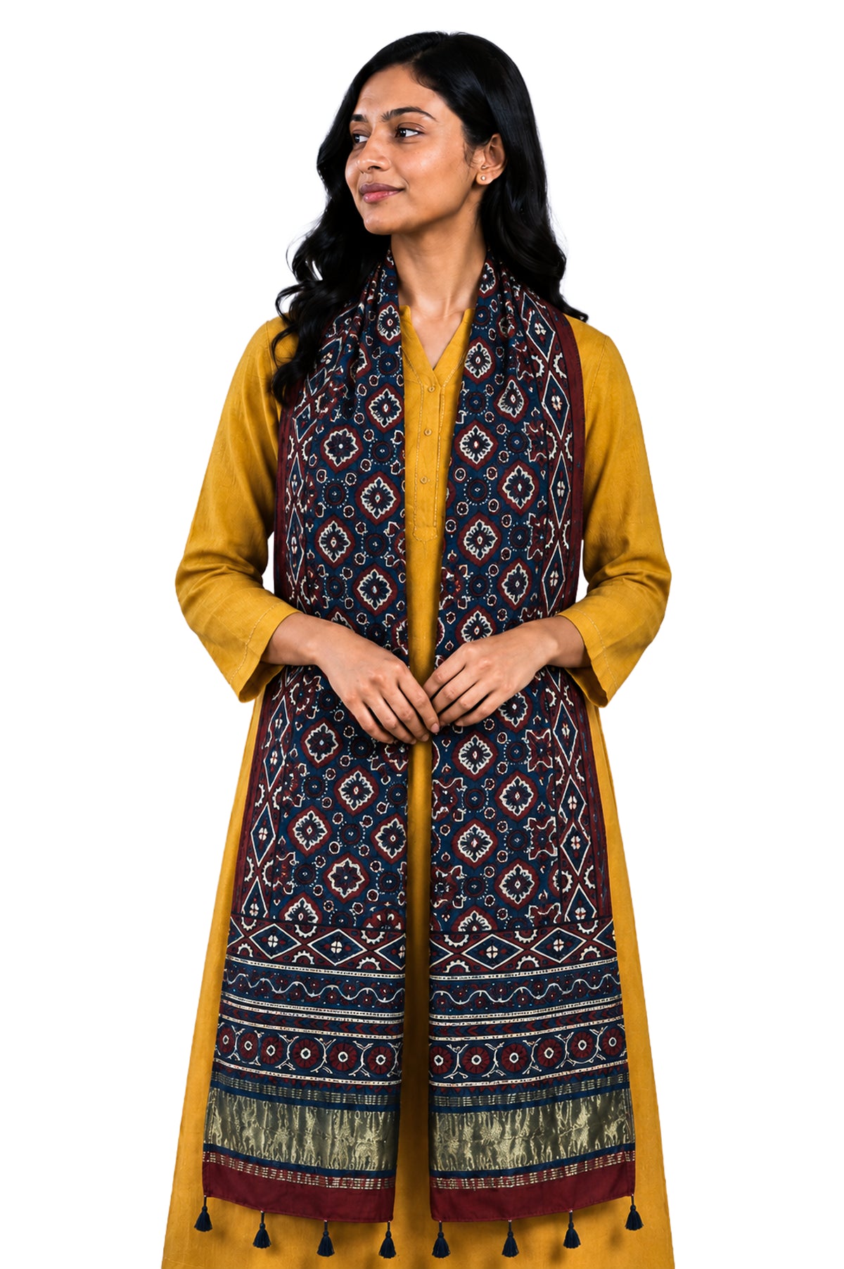 Ajrakh Modal Silk Natural Dye Hand Block Print Stole with Golden Border - with Tassels - 2.6 Mtr Length   -  SKU : MS26501C
