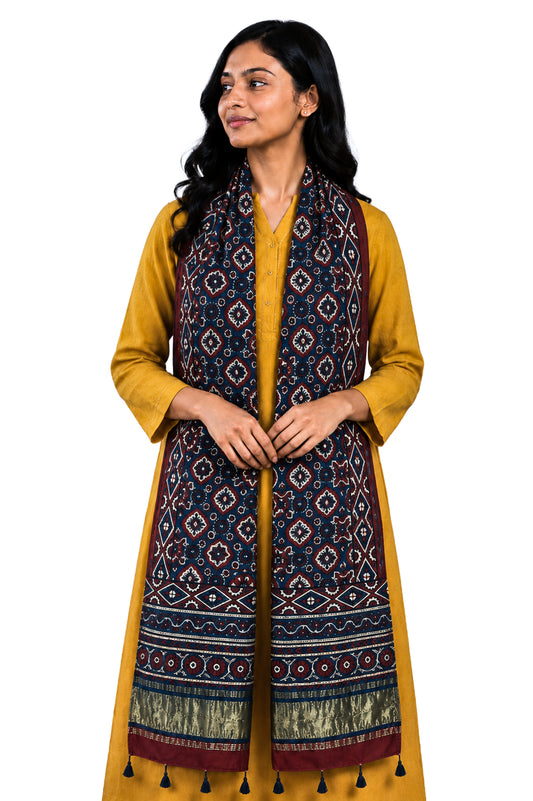 Ajrakh Modal Silk Natural Dye Hand Block Print Stole with Golden Border - with Tassels - 2.6 Mtr Length   -  SKU : MS26501C