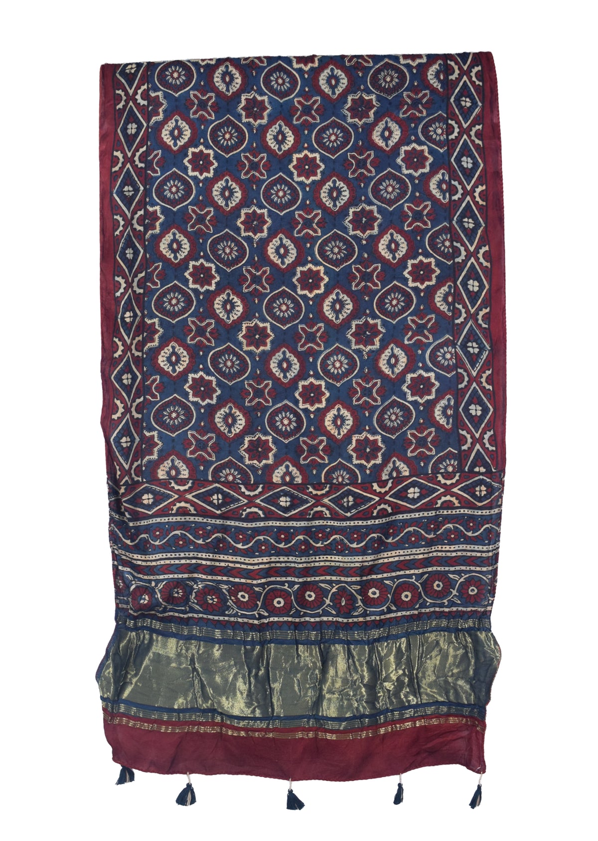 Ajrakh Modal Silk Natural Dye Hand Block Print Stole with Golden Border - with Tassels - 2.6 Mtr Length   -  SKU : MS26501C