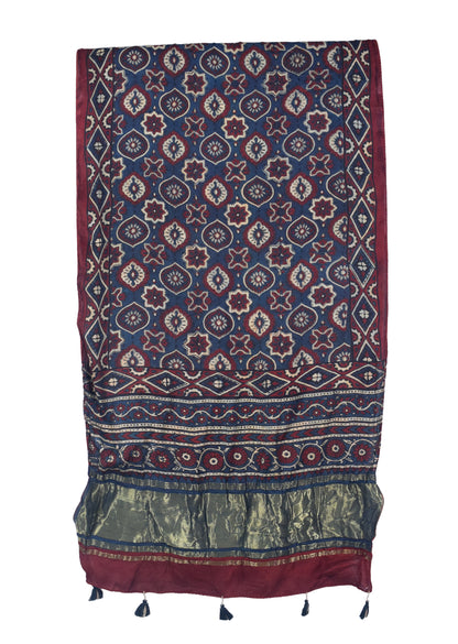 Ajrakh Modal Silk Natural Dye Hand Block Print Stole with Golden Border - with Tassels - 2.6 Mtr Length   -  SKU : MS26501C