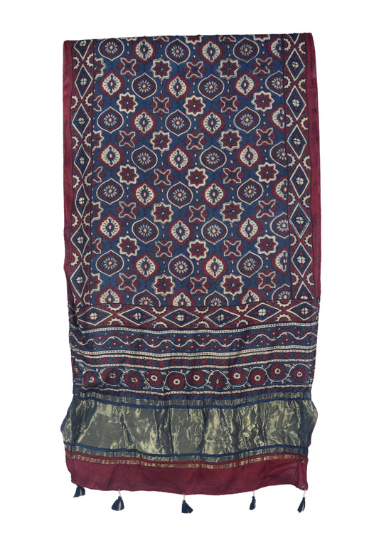 Ajrakh Modal Silk Natural Dye Hand Block Print Stole with Golden Border - with Tassels - 2.6 Mtr Length   -  SKU : MS26501C
