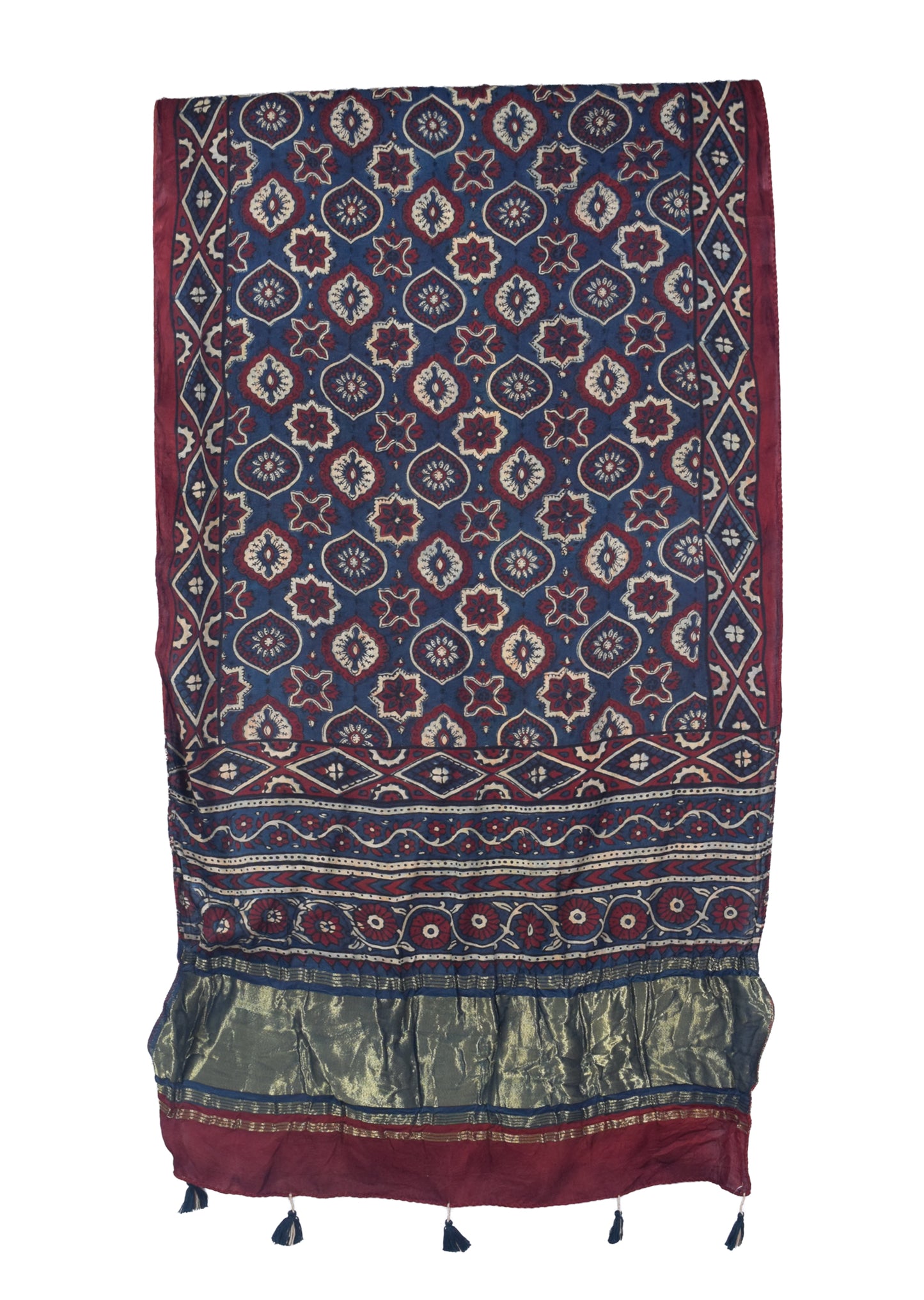 Ajrakh Modal Silk Natural Dye Hand Block Print Stole with Golden Border - with Tassels - 2.6 Mtr Length   -  SKU : MS26501C