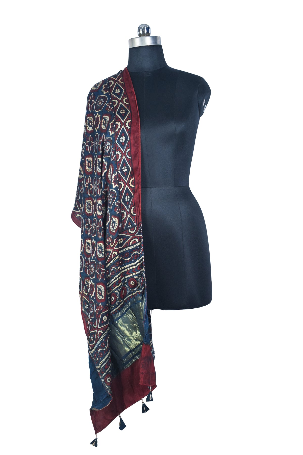 Ajrakh Modal Silk Natural Dye Hand Block Print Stole with Golden Border - with Tassels - 2.6 Mtr Length   -  SKU : MS26501C