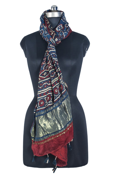 Ajrakh Modal Silk Natural Dye Hand Block Print Stole with Golden Border - with Tassels - 2.6 Mtr Length   -  SKU : MS26501C