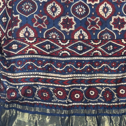 Ajrakh Modal Silk Natural Dye Hand Block Print Stole with Golden Border - with Tassels - 2.6 Mtr Length   -  SKU : MS26501C