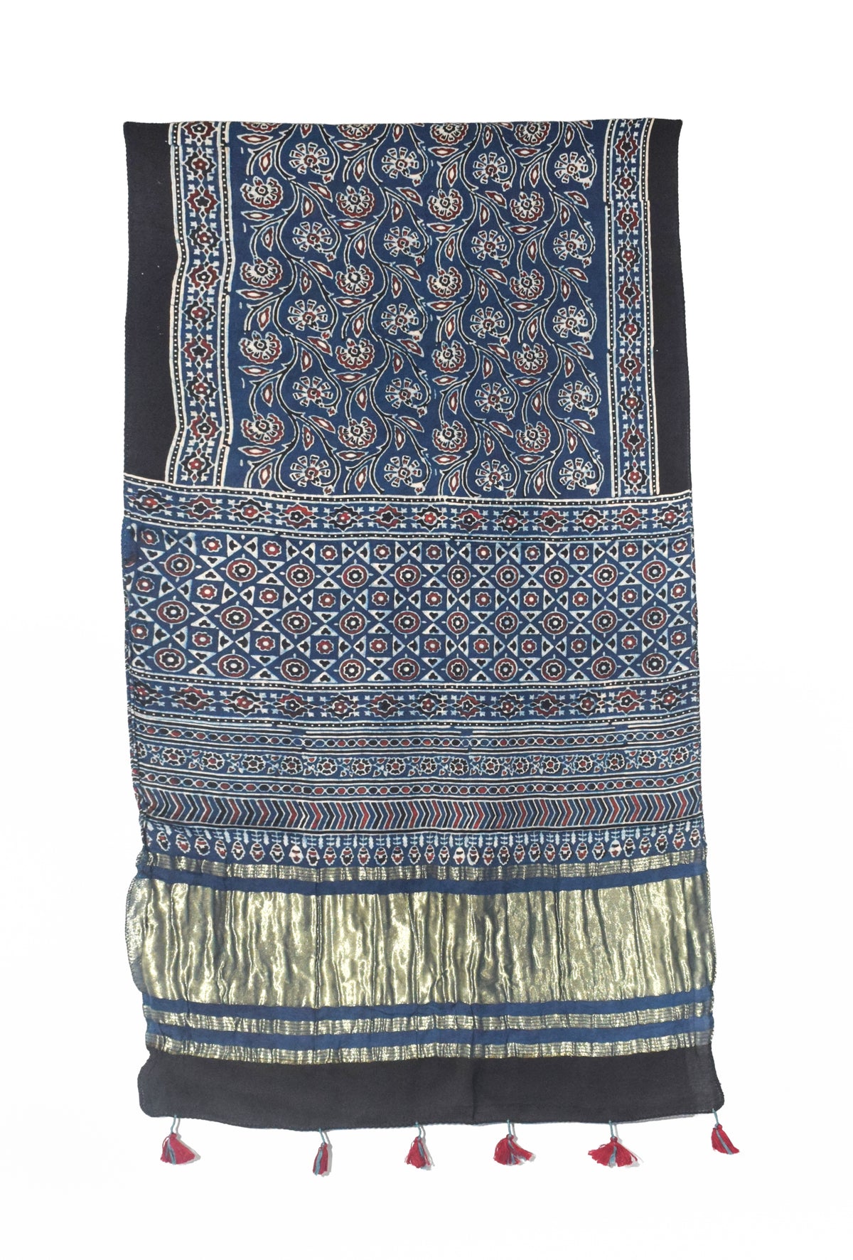 Ajrakh Modal Silk Natural Dye Hand Block Print Stole with Golden Border - with Tassels - 2.6 Mtr Length   -  SKU : MS18801C