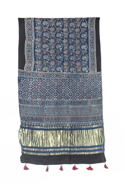 Ajrakh Modal Silk Natural Dye Hand Block Print Stole with Golden Border - with Tassels - 2.6 Mtr Length   -  SKU : MS18801C
