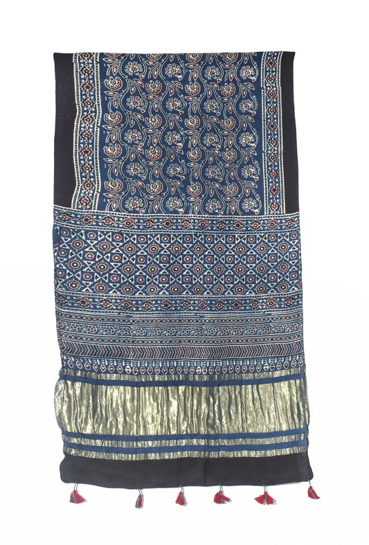 Ajrakh Modal Silk Natural Dye Hand Block Print Stole with Golden Border - with Tassels - 2.6 Mtr Length   -  SKU : MS18801C