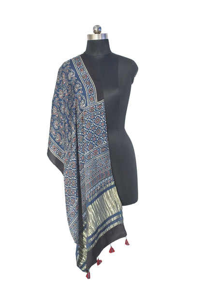 Ajrakh Modal Silk Natural Dye Hand Block Print Stole with Golden Border - with Tassels - 2.6 Mtr Length   -  SKU : MS18801C