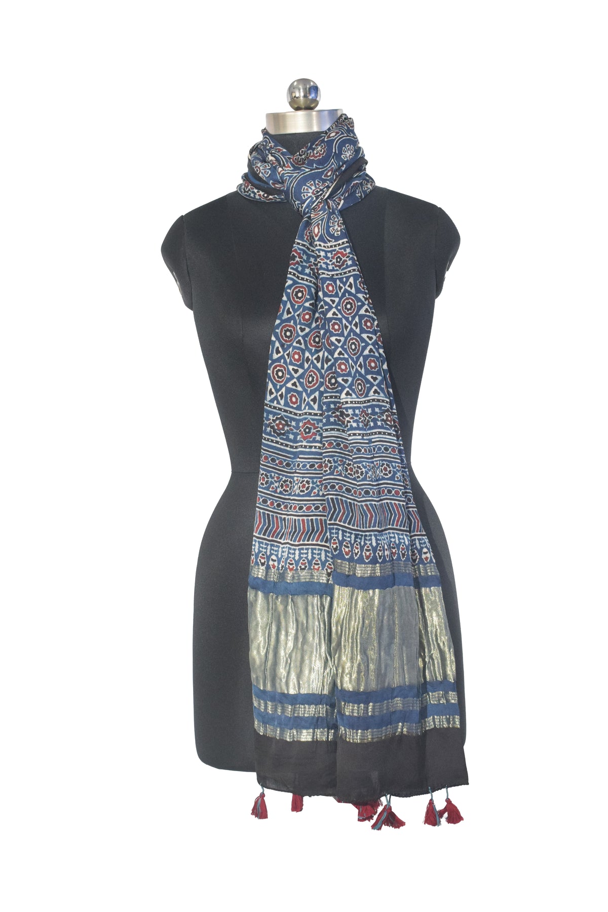 Ajrakh Modal Silk Natural Dye Hand Block Print Stole with Golden Border - with Tassels - 2.6 Mtr Length   -  SKU : MS18801C