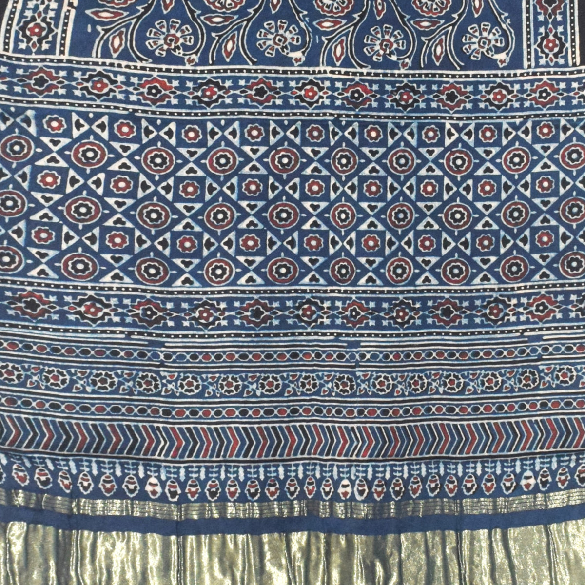 Ajrakh Modal Silk Natural Dye Hand Block Print Stole with Golden Border - with Tassels - 2.6 Mtr Length   -  SKU : MS18801C