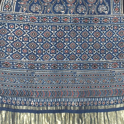 Ajrakh Modal Silk Natural Dye Hand Block Print Stole with Golden Border - with Tassels - 2.6 Mtr Length   -  SKU : MS18801C