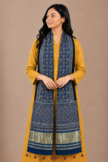 Ajrakh Modal Silk Natural Dye Hand Block Print Stole with Golden Border - with Tassels - 2.6 Mtr Length   -  SKU : MS18801C