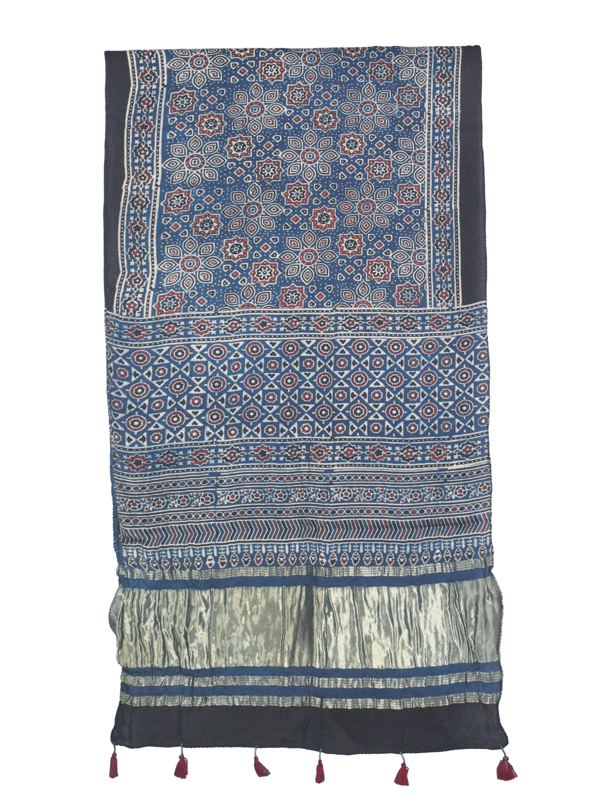 Ajrakh Modal Silk Natural Dye Hand Block Print Stole with Golden Border - with Tassels - 2.6 Mtr Length   -  SKU : MS18801D