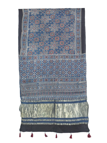 Ajrakh Modal Silk Natural Dye Hand Block Print Stole with Golden Border - with Tassels - 2.6 Mtr Length   -  SKU : MS18801D