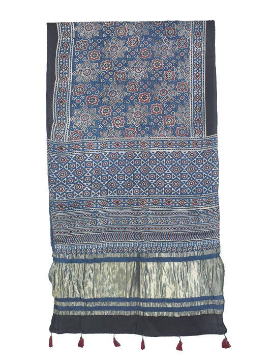 Ajrakh Modal Silk Natural Dye Hand Block Print Stole with Golden Border - with Tassels - 2.6 Mtr Length   -  SKU : MS18801D