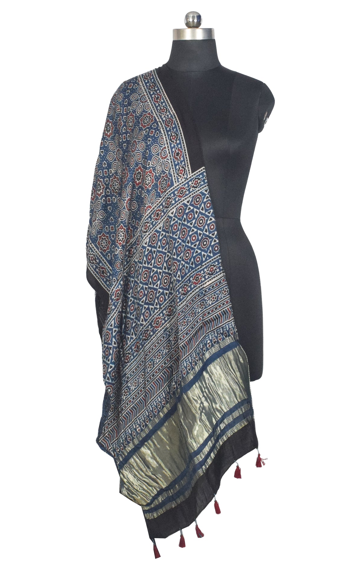 Ajrakh Modal Silk Natural Dye Hand Block Print Stole with Golden Border - with Tassels - 2.6 Mtr Length   -  SKU : MS18801D