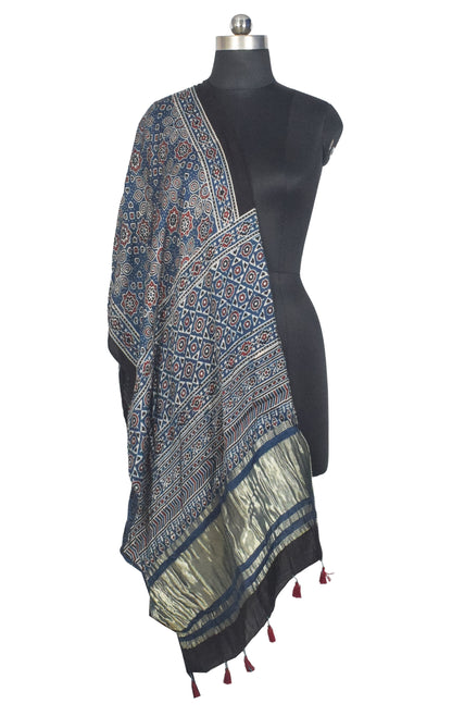 Ajrakh Modal Silk Natural Dye Hand Block Print Stole with Golden Border - with Tassels - 2.6 Mtr Length   -  SKU : MS18801D