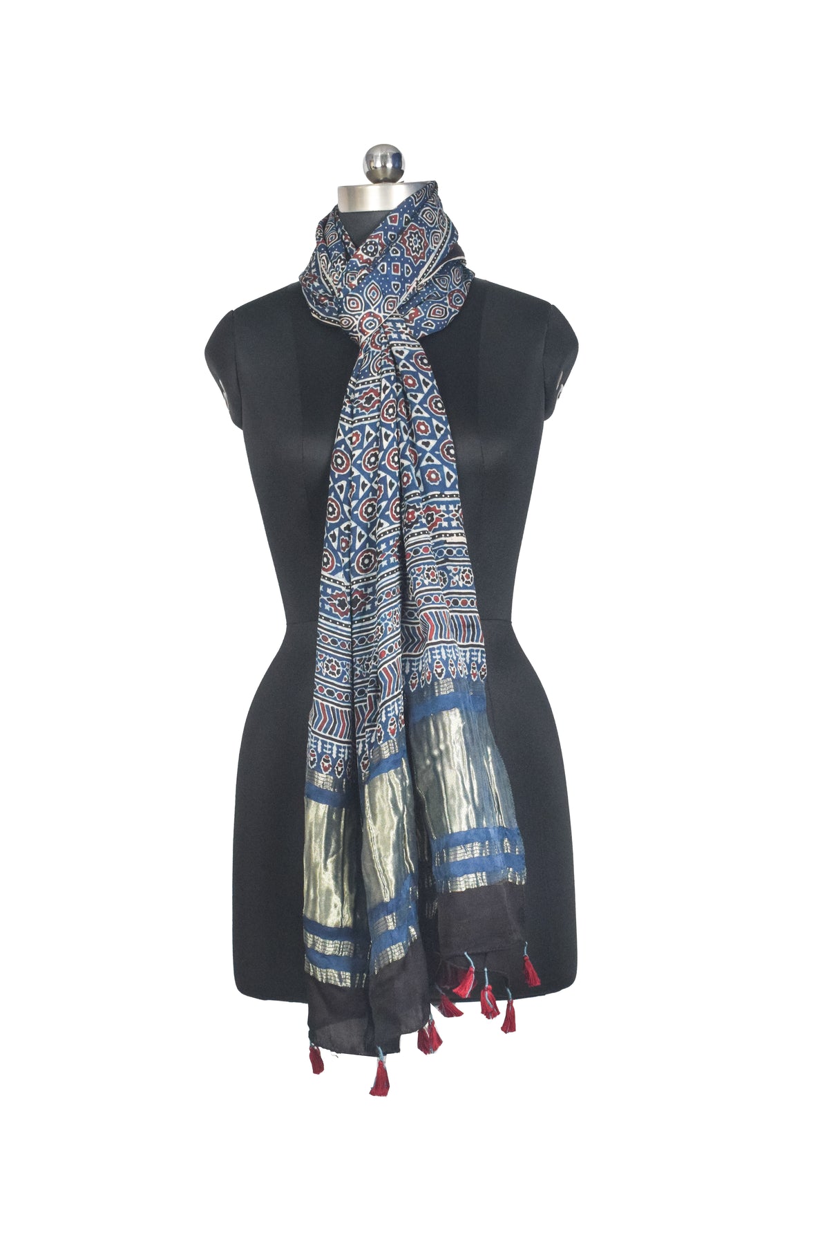 Ajrakh Modal Silk Natural Dye Hand Block Print Stole with Golden Border - with Tassels - 2.6 Mtr Length   -  SKU : MS18801D