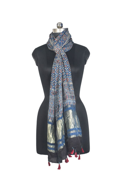 Ajrakh Modal Silk Natural Dye Hand Block Print Stole with Golden Border - with Tassels - 2.6 Mtr Length   -  SKU : MS18801D