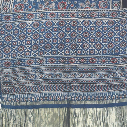 Ajrakh Modal Silk Natural Dye Hand Block Print Stole with Golden Border - with Tassels - 2.6 Mtr Length   -  SKU : MS18801D