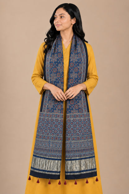 Ajrakh Modal Silk Natural Dye Hand Block Print Stole with Golden Border - with Tassels - 2.6 Mtr Length   -  SKU : MS18801D
