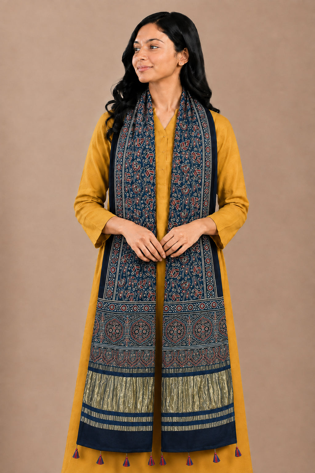 Ajrakh Modal Silk Natural Dye Hand Block Print Stole with Golden Border - with Tassels - 2.6 Mtr Length   -  SKU : MS18801E