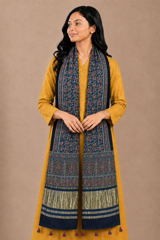 Ajrakh Modal Silk Natural Dye Hand Block Print Stole with Golden Border - with Tassels - 2.6 Mtr Length   -  SKU : MS18801E