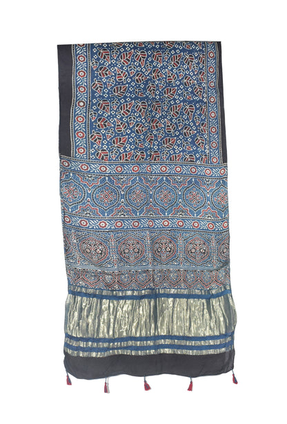 Ajrakh Modal Silk Natural Dye Hand Block Print Stole with Golden Border - with Tassels - 2.6 Mtr Length   -  SKU : MS18801E