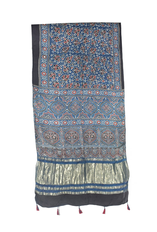 Ajrakh Modal Silk Natural Dye Hand Block Print Stole with Golden Border - with Tassels - 2.6 Mtr Length   -  SKU : MS18801E