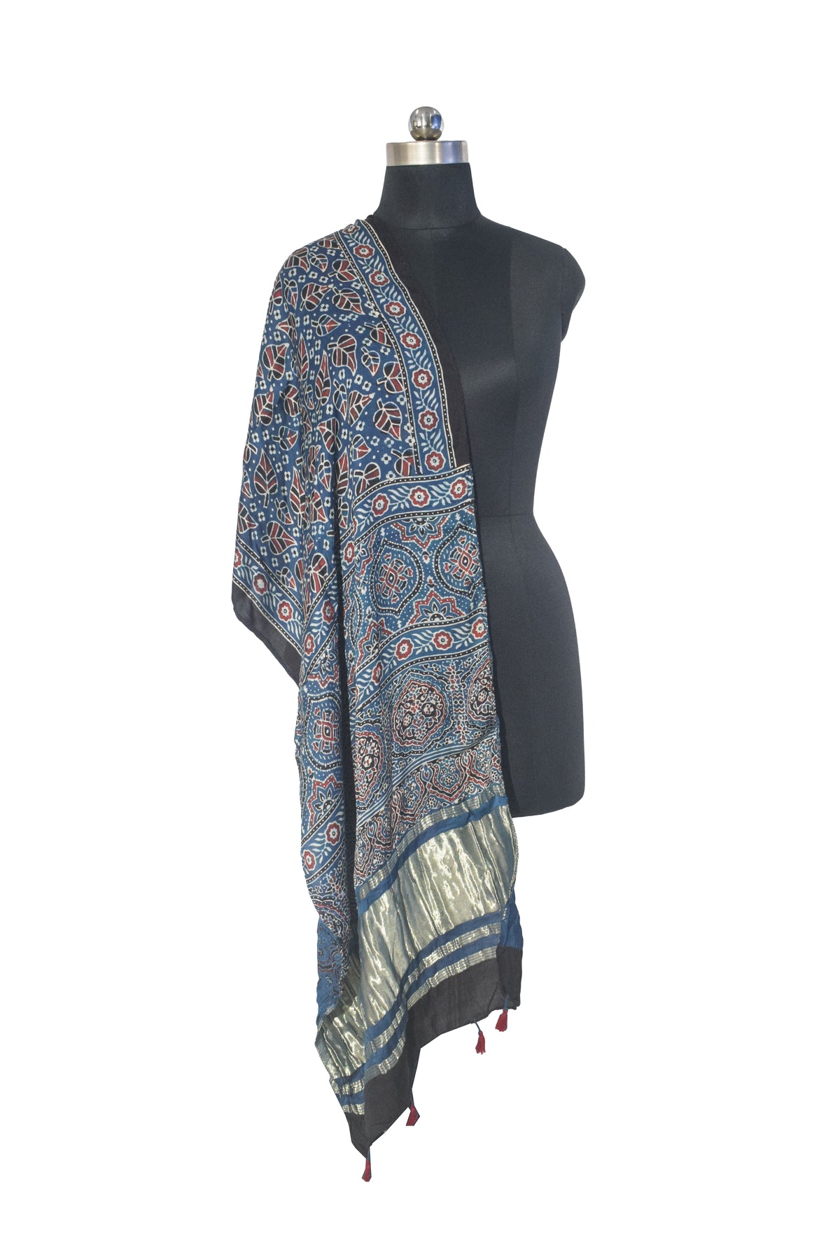 Ajrakh Modal Silk Natural Dye Hand Block Print Stole with Golden Border - with Tassels - 2.6 Mtr Length   -  SKU : MS18801E