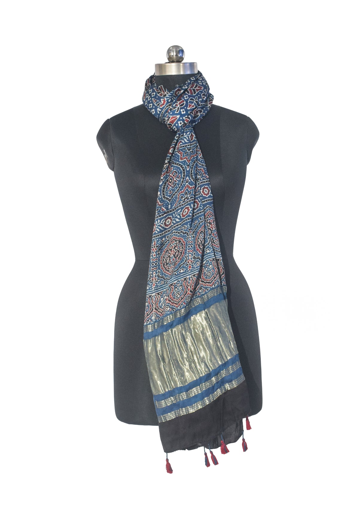 Ajrakh Modal Silk Natural Dye Hand Block Print Stole with Golden Border - with Tassels - 2.6 Mtr Length   -  SKU : MS18801E