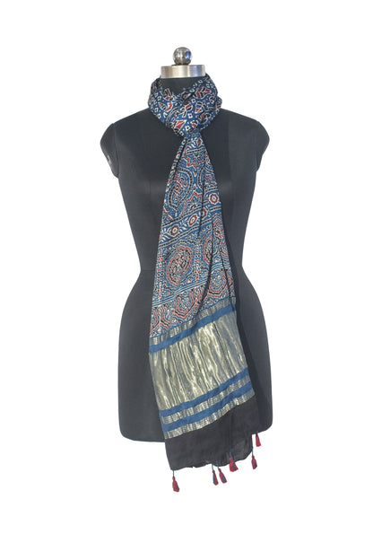 Ajrakh Modal Silk Natural Dye Hand Block Print Stole with Golden Border - with Tassels - 2.6 Mtr Length   -  SKU : MS18801E