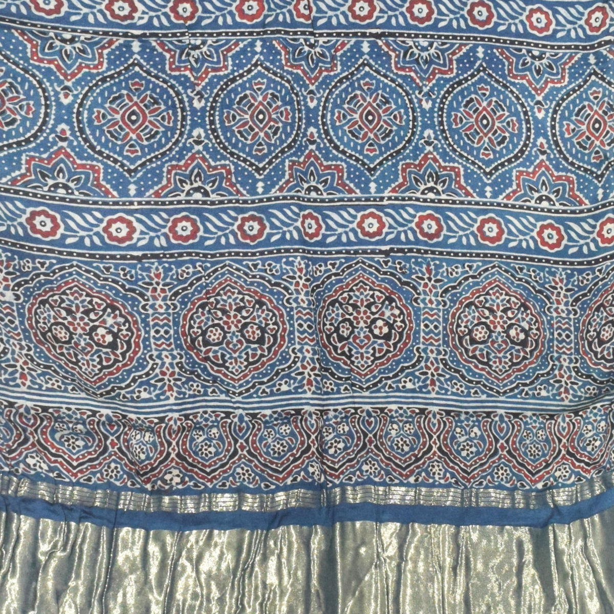 Ajrakh Modal Silk Natural Dye Hand Block Print Stole with Golden Border - with Tassels - 2.6 Mtr Length   -  SKU : MS18801E