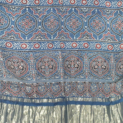 Ajrakh Modal Silk Natural Dye Hand Block Print Stole with Golden Border - with Tassels - 2.6 Mtr Length   -  SKU : MS18801E