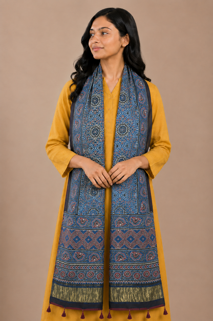 Ajrakh Modal Silk Natural Dye Hand Block Print Stole with Golden Border - with Tassels - 2.6 Mtr Length   -  SKU : MS26501A