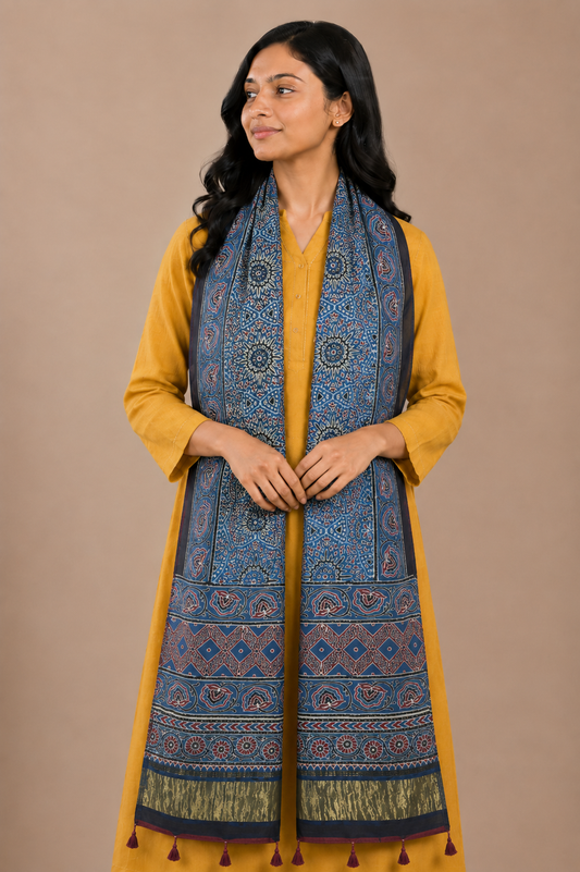 Ajrakh Modal Silk Natural Dye Hand Block Print Stole with Golden Border - with Tassels - 2.6 Mtr Length   -  SKU : MS26501A