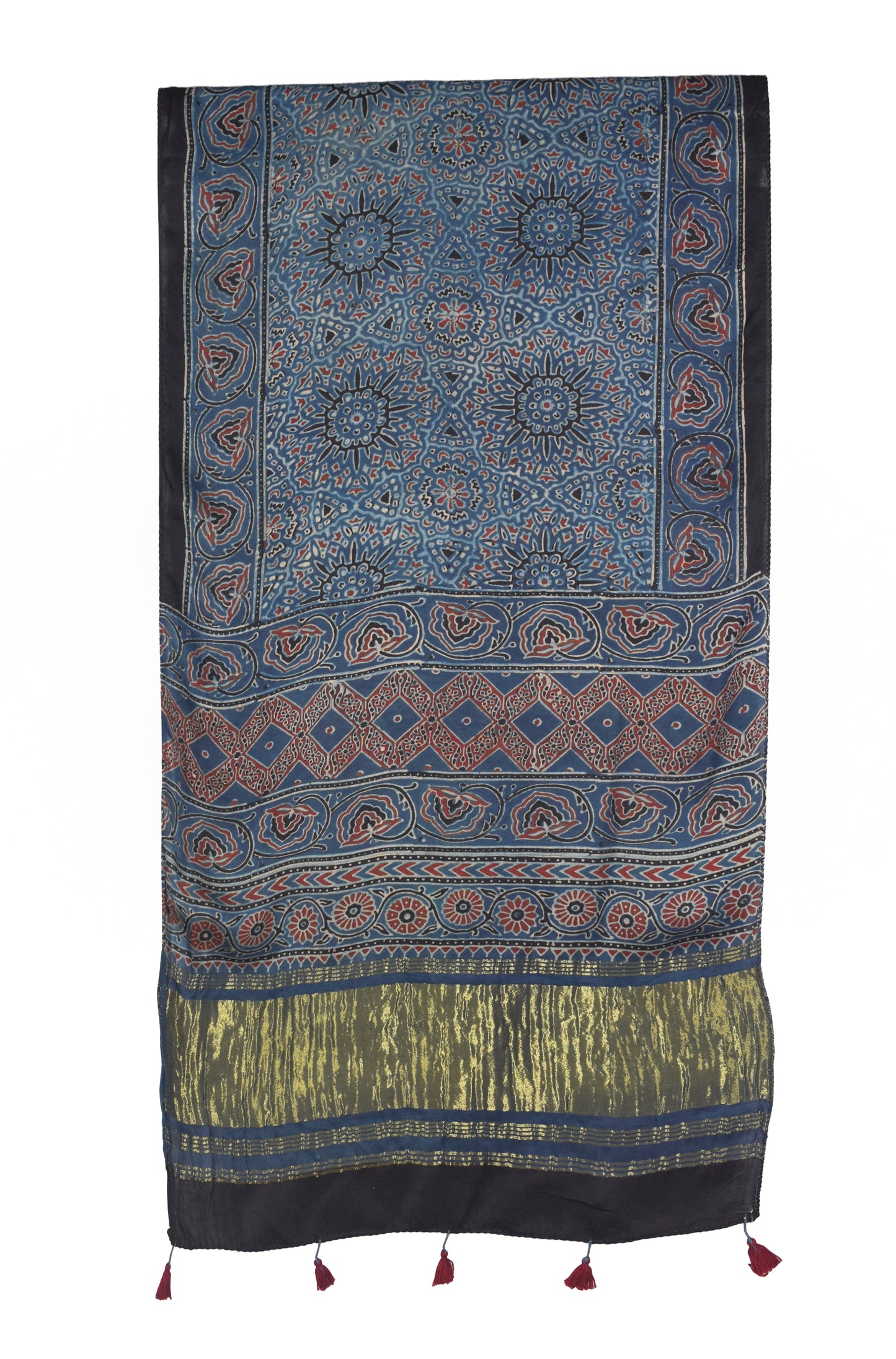 Ajrakh Modal Silk Natural Dye Hand Block Print Stole with Golden Border - with Tassels - 2.6 Mtr Length   -  SKU : MS26501A