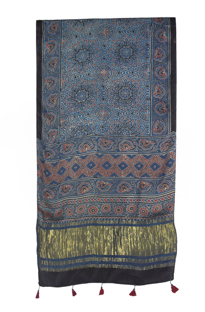 Ajrakh Modal Silk Natural Dye Hand Block Print Stole with Golden Border - with Tassels - 2.6 Mtr Length   -  SKU : MS26501A