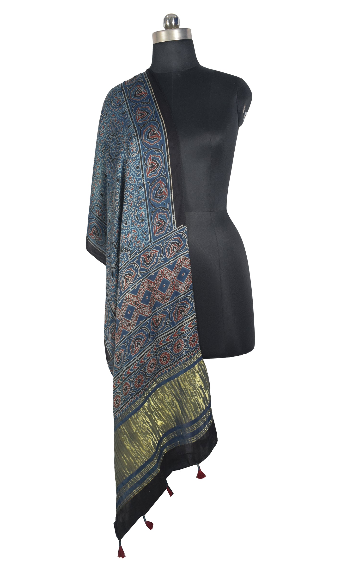 Ajrakh Modal Silk Natural Dye Hand Block Print Stole with Golden Border - with Tassels - 2.6 Mtr Length   -  SKU : MS26501A