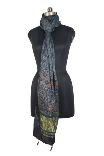 Ajrakh Modal Silk Natural Dye Hand Block Print Stole with Golden Border - with Tassels - 2.6 Mtr Length   -  SKU : MS26501A
