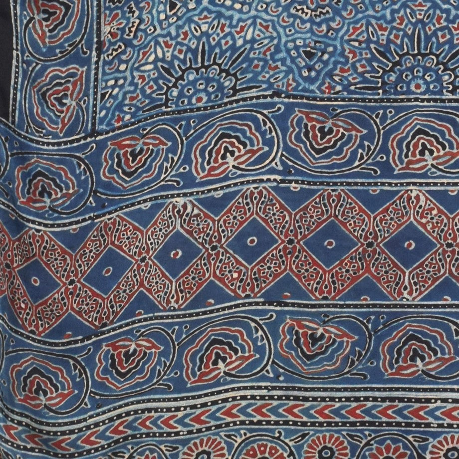 Ajrakh Modal Silk Natural Dye Hand Block Print Stole with Golden Border - with Tassels - 2.6 Mtr Length   -  SKU : MS26501A