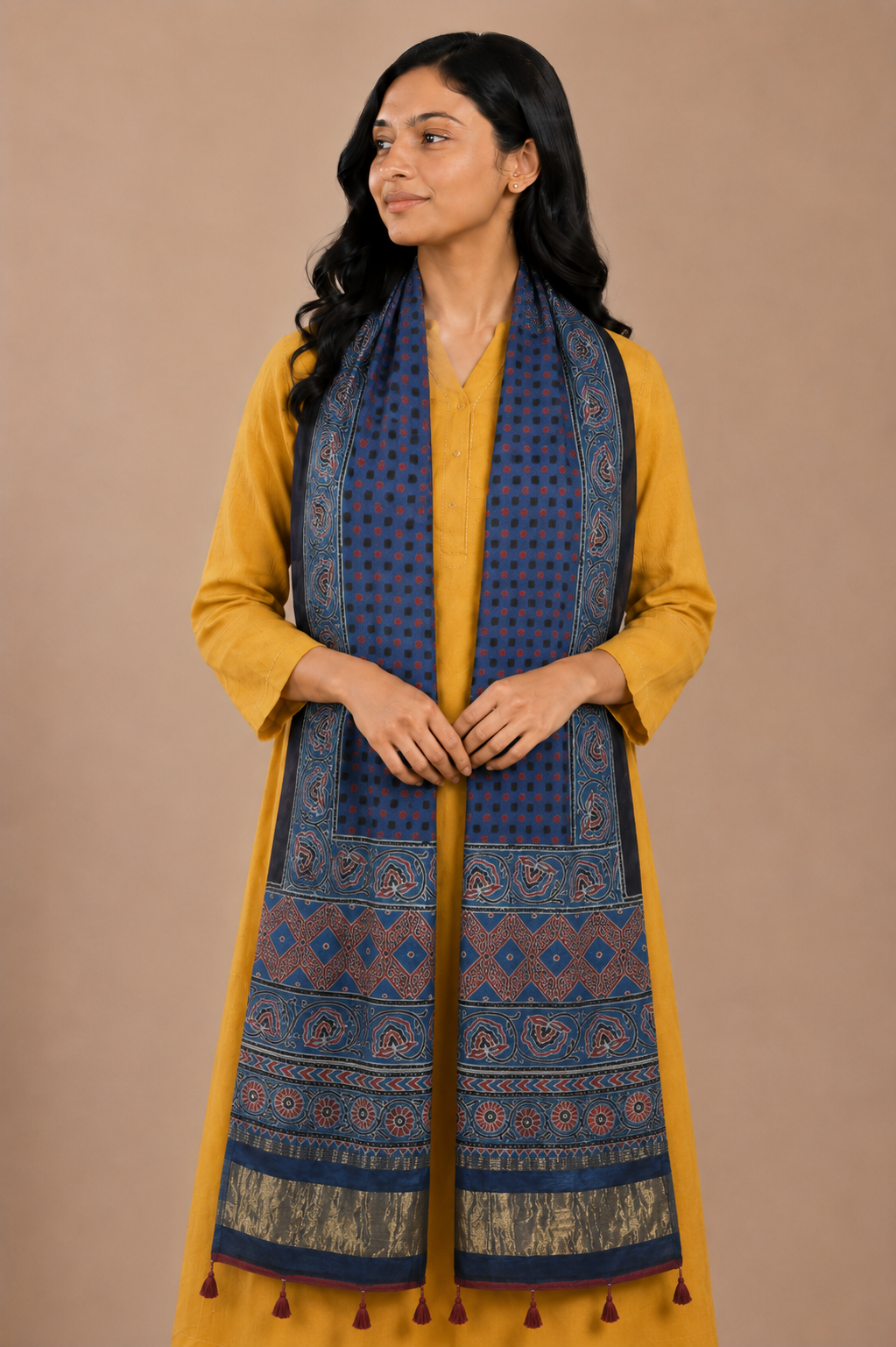 Ajrakh Modal Silk Natural Dye Hand Block Print Stole with Golden Border - with Tassels - 2.6 Mtr Length   -  SKU : MS26501E