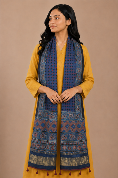 Ajrakh Modal Silk Natural Dye Hand Block Print Stole with Golden Border - with Tassels - 2.6 Mtr Length   -  SKU : MS26501E