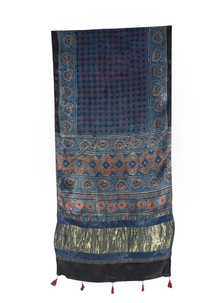 Ajrakh Modal Silk Natural Dye Hand Block Print Stole with Golden Border - with Tassels - 2.6 Mtr Length   -  SKU : MS26501E