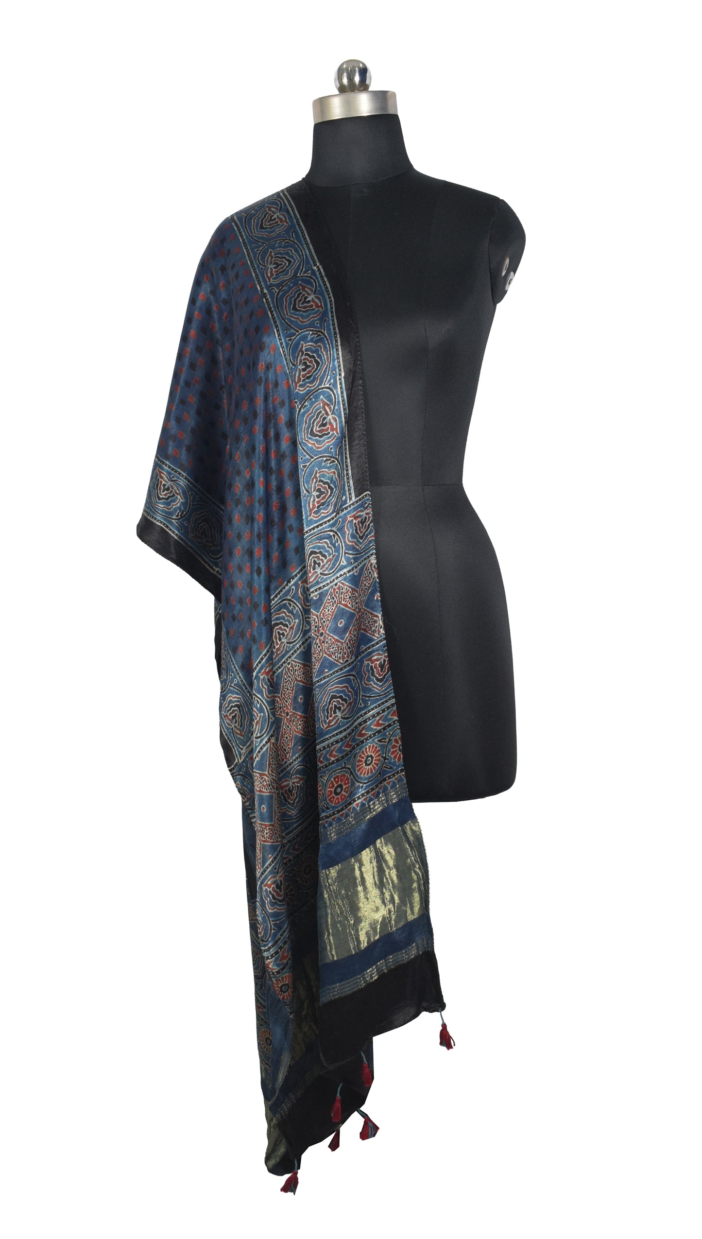 Ajrakh Modal Silk Natural Dye Hand Block Print Stole with Golden Border - with Tassels - 2.6 Mtr Length   -  SKU : MS26501E